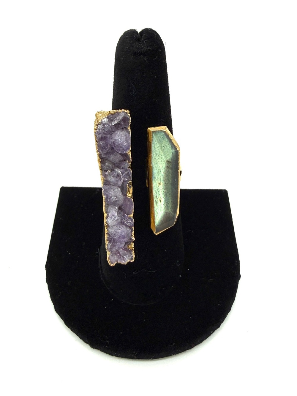 NWT Purple Amethyst & Green Stone Double Ring with Gold Trim